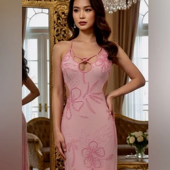 Attitudes by Debra chic Pink hand beaded long Dress